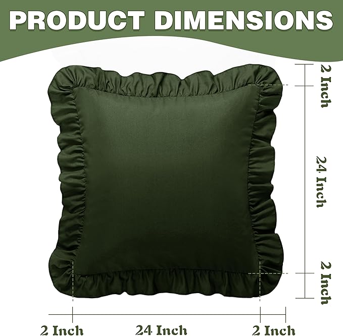 KKJIAF Ruffle Pillow Cases 24x24 Inches, Olive Green Square Ruffled Pillow Covers Set of 2, Microfiber Wrinkle Resistant Pillow Shams with Envelope Closure for Sofa Bed Living Room