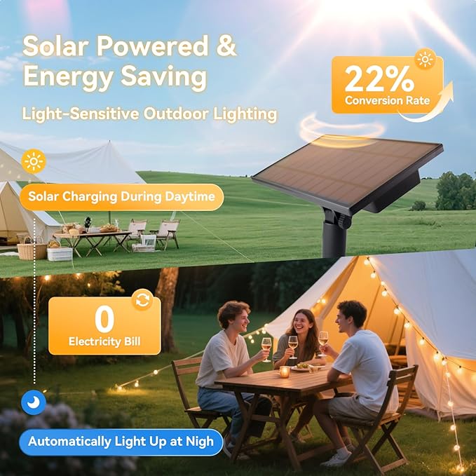 HJQ 120FT(60x2) Solar String Lights Waterproof, Patio Lights Solar Powered with Remote & USB Port, 40+2 LED Shatterproof Bulbs, 3 Modes, Dimmable Solar Lighting Hanging for Camping Backyard Garden