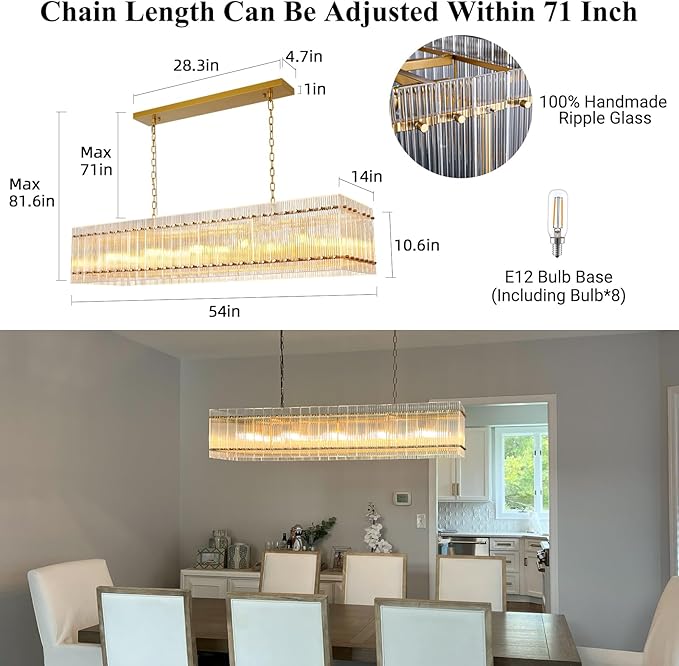 Modern Gold Chandeliers,55 in Chandelier for Dining Room, Rectangular Water Ripple Crystal Glass Chandeliers Lighting Fixture, Suit Living Room、Kitchen Island, Adjustable Hanging Chandelier