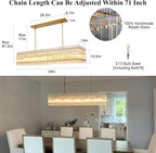 Modern Gold Chandeliers,55 in Chandelier for Dining Room, Rectangular Water Ripple Crystal Glass Chandeliers Lighting Fixture, Suit Living Room、Kitchen Island, Adjustable Hanging Chandelier