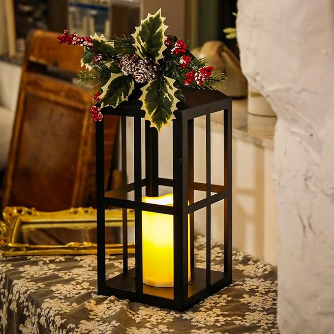 Bdor 2 Pack Christmas Lantern Decoration with LED Flameless Candle, Pinecones & Holly Berries, Holiday Tabletop or Porch Decor, Battery Operated Christmas Lighting
