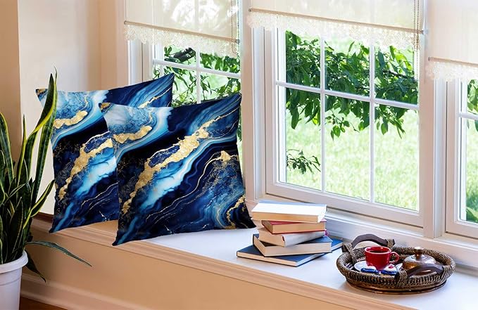 CAPSCEOLL Blue Gold Throw Pillow Covers,Modern Abstract Art Painting Throw Pillows for Couch,Blue Pillow Covers 16X16 Inch 2 Pcs Square Cushion Cover Gift for Couch Sofa