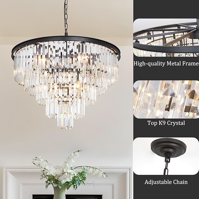 Black Crystal Chandeliers for Dining Room, 27.6" Modern Luxury Chandelier 5-Tier 10 Lights Contemporary Top K9 High Ceiling Pendant Light Fixture for Staircase Dining Living Room Foyer