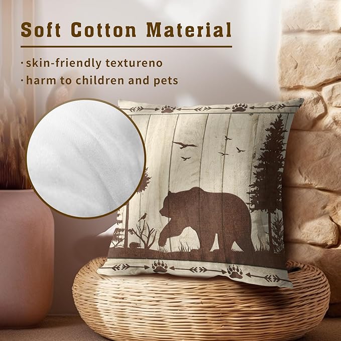 Bear Throw Pillow Covers Set of 2, 20x20 in Wild Animal Mountain Wood Cabin Cotton Square Throw Pillow Case Decorative Cushion Cover Pillowcase Sofa Camper