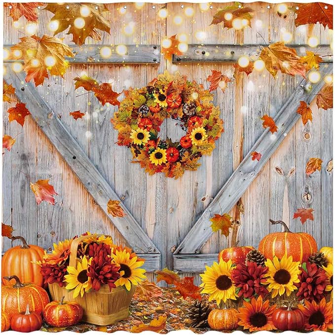 Funnytree 72"x72" Rustic Autumn Pumpkins Wood Barn Door Sunflowers Fall Thanksgiving Harvest Farmhouse Shower Curtain for Bathroom Decor Machine Washable (Hooks Not Included)