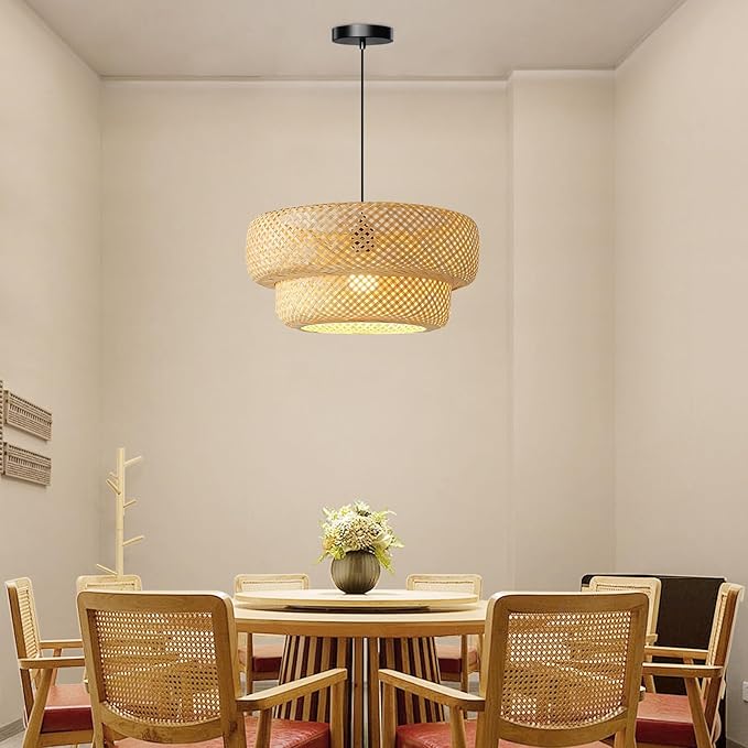 Bamboo Pendant Light, 18inch Hand-Woven Wicker Rattan Bamboo Chandelier, 2-Tier Beige Boho Rustic Island Dining Ceiling Hanging Light for Living Room, Kitchen, Farmhouse, Bedroom