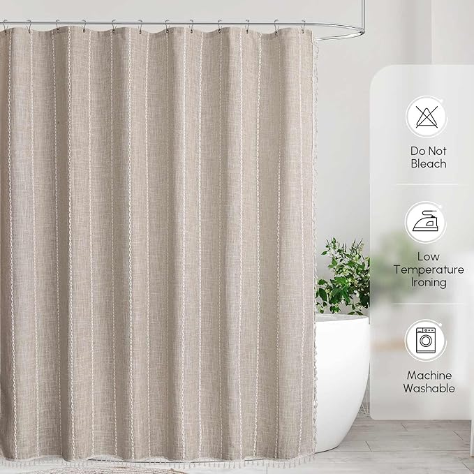 WELTRXE Boho Shower Curtain with Tassel Modern Farmhouse Shower Curtain Set, Rustic Bathroom Decor, Heavy Duty Fabric Water Repellent with Hook, Taupe, 72x72 Inches