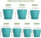 7/6.5/6/5.5/5/4.5/4 inch Plant Pots for Indoor Outdoor Plants, 7 Pack Thick Flower Pots with Drainage Holes and Saucers, Modern Wave Texture Small Plastic Planters Nursery Pots, Blue Green