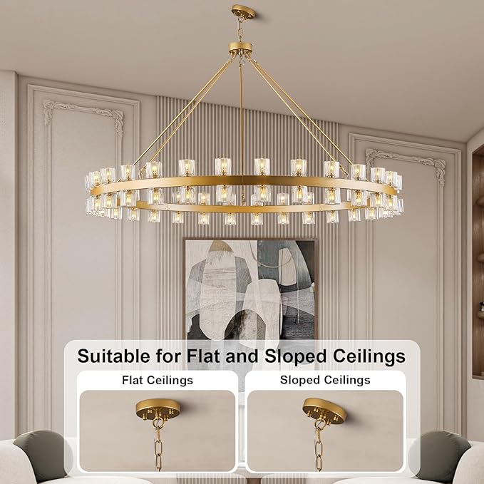 60 Inch Gold Wagon Wheel Chandelier with Crystal Shade, 60 Lights, Modern Farmhouse Style, Ideal for Dining Room, Kitchen, Entryways