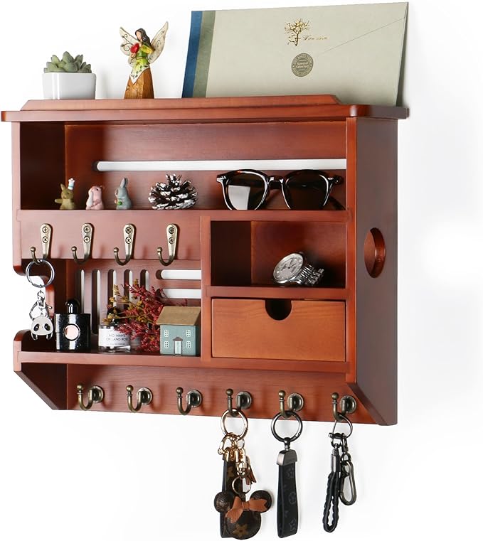 DOPACE Key Holder for Wall, Mail and Key Holder, Mail Organizer Wall Mount with Storage Drawer and 10 Hooks, Easy Installation Keys Holder on Wall, Auburn