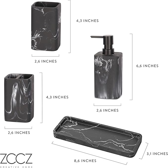 ZCCZ Black Bathroom Accessory Sets, 4 Pieces Bathroom Accessories Complete Set Vanity Countertop Accessory Set Marble Look, Includes Lotion Dispenser Soap Pump, Tumbler, Toothbrush Holder and Tray
