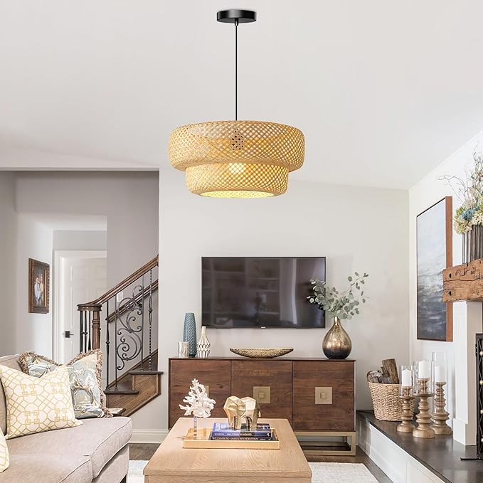 Bamboo Pendant Light, 18inch Hand-Woven Wicker Rattan Bamboo Chandelier, 2-Tier Beige Boho Rustic Island Dining Ceiling Hanging Light for Living Room, Kitchen, Farmhouse, Bedroom