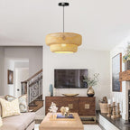 Bamboo Pendant Light, 18inch Hand-Woven Wicker Rattan Bamboo Chandelier, 2-Tier Beige Boho Rustic Island Dining Ceiling Hanging Light for Living Room, Kitchen, Farmhouse, Bedroom