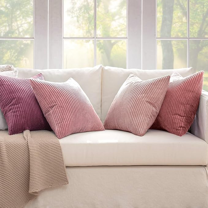 MIULEE Pack of 4 Purple Pink Corduroy Decorative Throw Pillow Covers 20x20 Inch Soft Boho Striped Pillow Covers Modern Farmhouse Home Decor for Winter Sofa Living Room Couch Bed