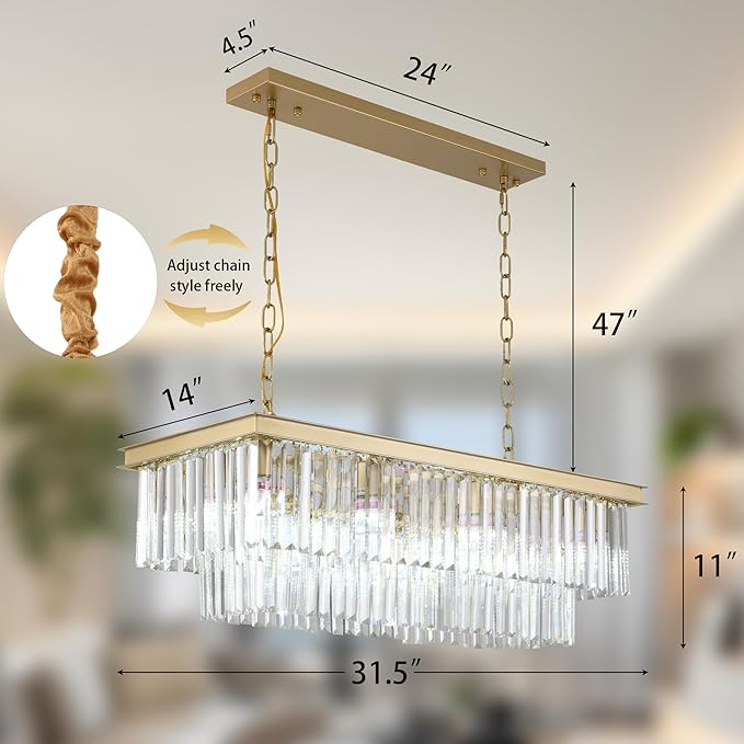 Gold Rectangular Chandelier 31.5 Inch - 8-Light Luxury Modern Crystal Pendant Height-Adjustable Lighting Fixture for Dining Room, Kitchen Island & Bar - Premium K9 Crystals(Gold, L-31.5")