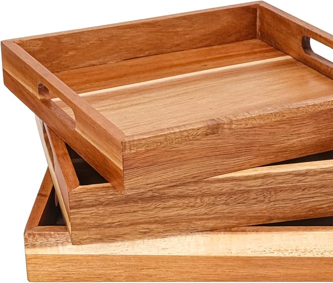 4 PCS Acacia Wood Serving Tray with Handles - 10 Inch Square Wooden Tray with Handles, Ideal as Breakfast, Coffee Table, Decorative, Serving(1.75 Inch Thickness)