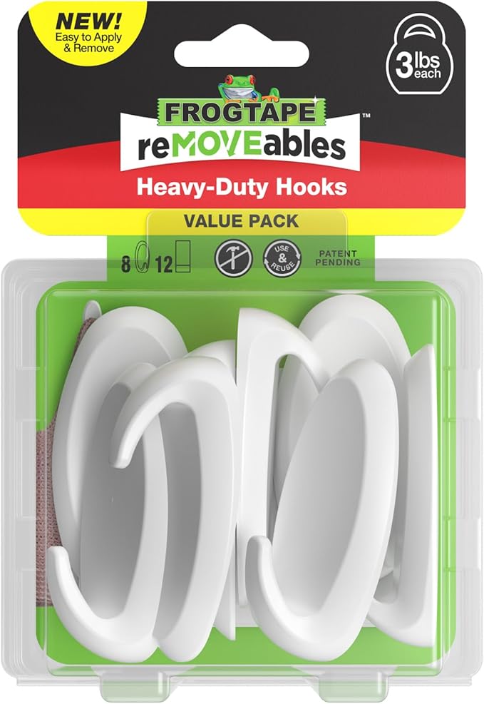 FrogTape reMOVEables Heavy Duty Wall Hooks - No Damage - Easy to Remove & Reuse - Medium Wall Hook with Adhesive Strips - Holds up to 3 lbs - Includes 8 Hooks and 12 Strips - White (Pack of 8)