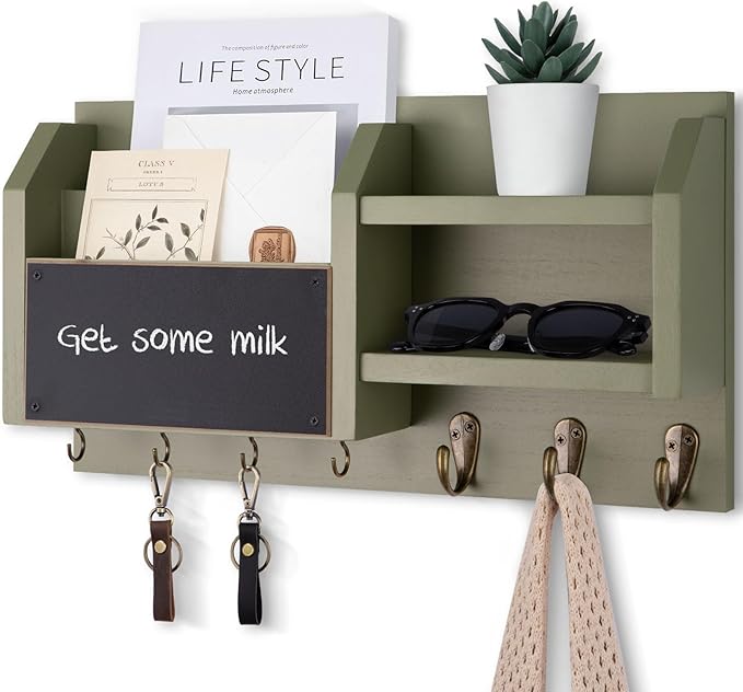 Mail and Key Holder – Wall Mount Key Hanger with Shelf and 7 Metal Hooks – Decorative Natural Paulownia Wood Entryway Organizer with Mounting Hardware (16.5”W x 8.7”H x 3.5”D) (Sage-Green)