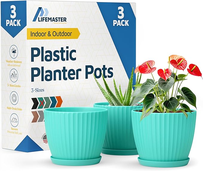 Aqua 6-Inch Plant Pots with Drainage & Saucers 3 Pack, Indoor & Outdoor Planters for Houseplants, Herbs, and Flowers, Durable & Weatherproof Material, Stackable, Lightweight, Minimalist Design