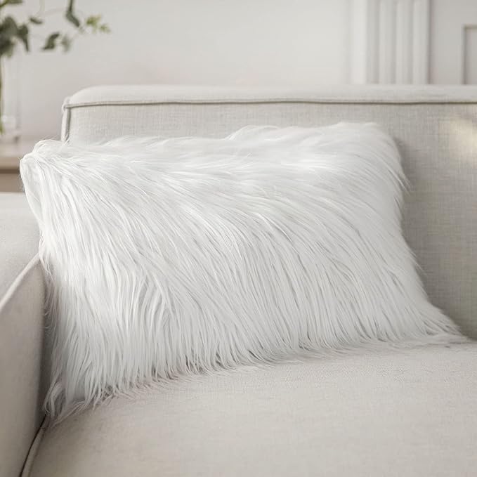 Phantoscope Faux Fur Solid Decorative Pillow Cover Fluffy Throw Pillow Mongolian Luxury Fuzzy Pillow Case Cushion Cover for Bedroom and Couch,True White 12 x 20 Inches