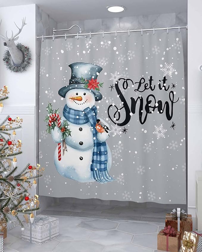 Vandarllin Snowman Christmas Shower Curtain, Let It Snow Winter Holiday Shower Curtains Set with Hooks, Grey White Waterproof Fabric Bathroom Curtains Decor Home Accessories, Stall Long 36 X 78 Inch