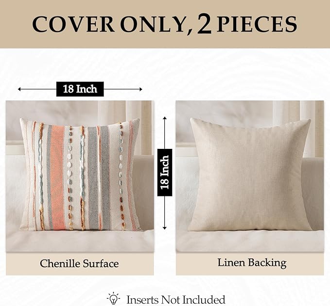ANRODUO Pack of 2 Boho Decorative Throw Pillow Covers 18x18 Farmhouse Cushion Case Striped Chenille Pillow Cases Square Pillow Covers Accent Neutral Pillowcase for Sofa Couch Bed Fall, Pink Stripe