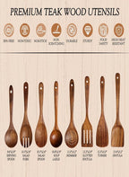 100% Natural Teak Wood Wooden Utensil Set – 8 Pcs Durable Kitchen Spoons for Cooking – Non-Stick & Heat Resistant, Eco-Friendly & Comfortable Grip