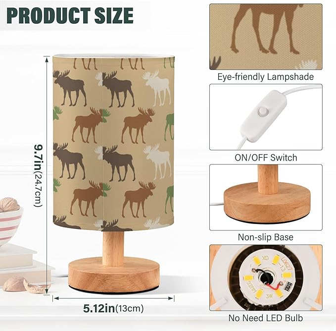 Table Lamp Elk Moose Deer Pattern Nightstand Lamp with Wood Base Fabric Lamp Shade Bedside Desk Lamp for Living Room Bedroom Kids Room Office