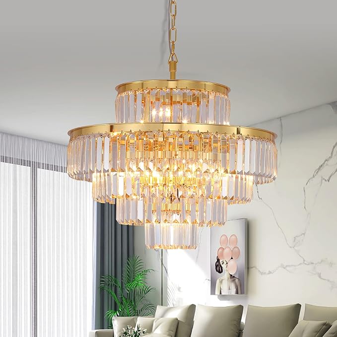 Gold Modern Style Crystal Chandeliers & LightsRound Hanging Classic, Pendant Ceiling Chandelier Lighting Fixture 5-Tier for Dining Room Living Room(Golden Orange,24 inch)