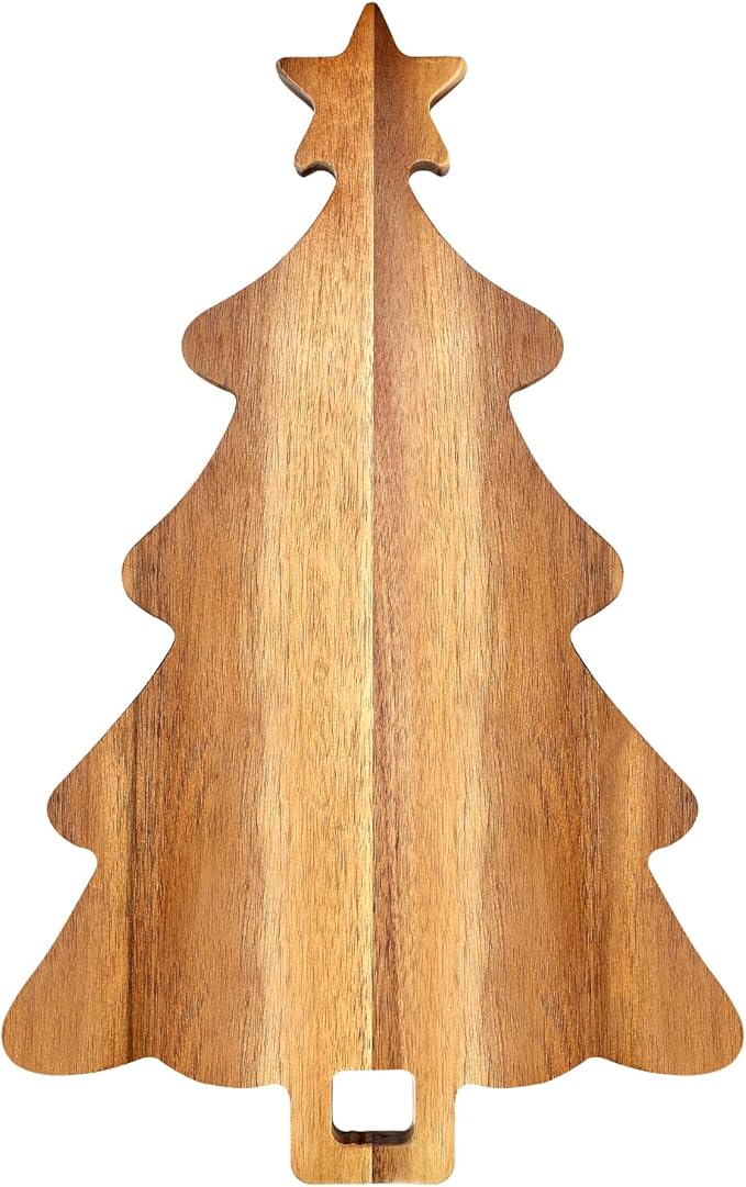 16.5" Wooden Christmas Tree Charcuterie Boards Acacia Wood Cutting Board with Handle Christmas Kitchen Decor Gifts Xmas Serving Cheese Board Festive Decorative Food Tray Holiday Xmas Tree Platters