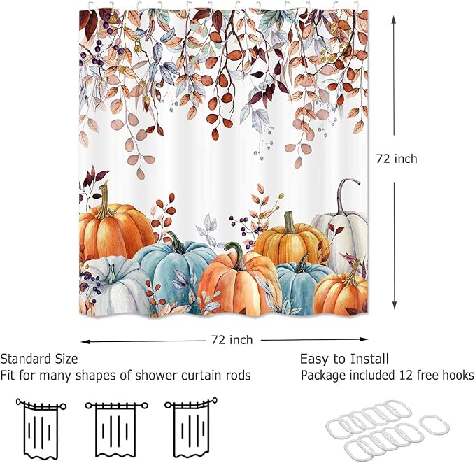 Fall Shower Curtains for Bathroom, Thanksgiving Pumpkins Autumn Leaves Shower Curtain Set with Hooks, Blue Orange Waterproof Fabric Fall Bathroom Decor Accessories, 72 x 72 Inch