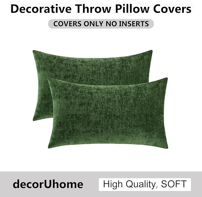decorUhome Chenille Moss Green Fall Throw Pillow Covers 12x20 Inch Set of 2, Decorative Soft Couch Pillow Covers Solid Dyed Accent Velvet Farmhouse Neutral Rectangle Christmas Pillow Cases for Sofa