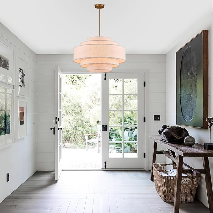 Modern 26" Large Drum Chandelier 6-Lights Vintage Modern Chandelier Light Fixture with Linen Shade Retro Farmhouse Drum Chandeliers for Dining Room, Kitchen Island, Living Room, Bedroom
