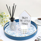 Round Blue Decorative Tray for Coffee Table, Ottoman, 13” Plastic Serving Platter Tray with Handles for Entertaining, Living Room