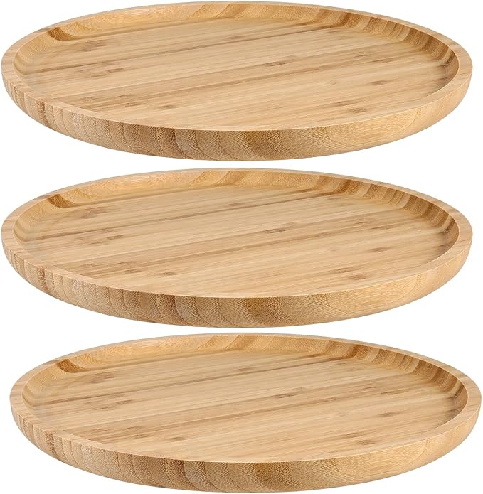 JOIKIT 3 Pack 8 Inch Bamboo Round Platter, Fine Polished Round Wood Plates Bamboo Serving Tray for Holding Fruit, Bread, Cheese, Nut, Coffee, Tea, Plant Saucer