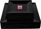 Aya's Square Plastic Plates - 6.5"/9.5" Black Disposable Plates for Party - Heavy-Duty Reusable Food Grade Plastic - 60 Count - Thick and Durable to Prevent Breaking - Ideal for Events and Gatherings