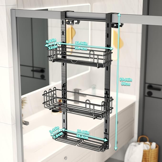 HapiRm 3 Tier Over the Door Shower Caddy, Hanging Shower Caddy with 16 Hooks and 2 Soap Holders, No Drilling Adjustable Hanging Bathroom Organizer - Black