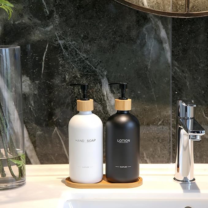 Black and White Soap Dispenser Bathroom Set with Hand Soap Dispenser and Lotion Dispenser, Bamboo Pumps & Tray Suitable for Bathroom Counter Decor. (White&Black)