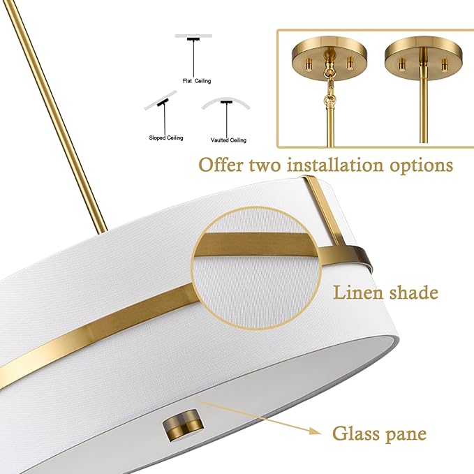 HYDELITE Gold Pendant Light Fixtures Drum Modern Pendant Light 4 Light with Linen Shade for Dinning Room Living Room Bedroom Kitchen Island
