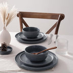 Famiware Starlight Dinnerware Sets, Plates and Bowls Dish Set of 6 (18 Pieces), Ribbed Textured Tableware - Dishwasher & Microwave Safe, Chip Resistant, Reactive Glaze, Matte Midnight Grey