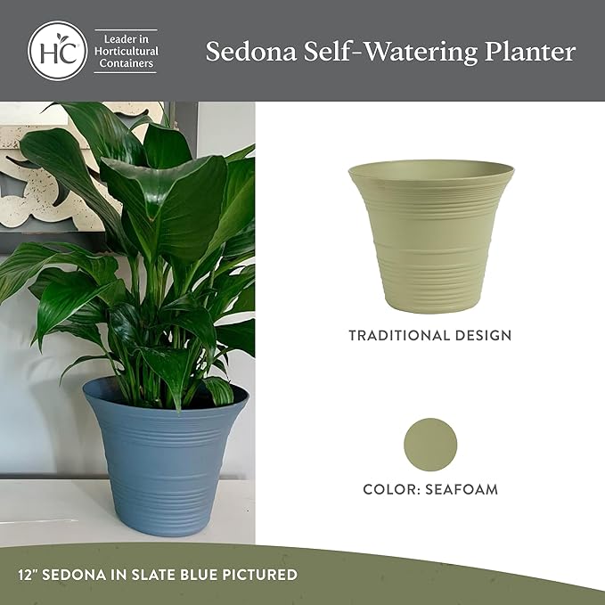 The HC Companies Sedona Round Self-Watering Pot - Lightweight Self Care Planter - Plastic Planter for Herbs & More - Durable Plant Pots for Indoor Plants & Outdoor Plants (12" Seafoam, Pack of 2)