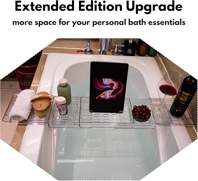 (Extended Edition) Expandable Bathtub Tray for Tub, Clear & Easy Maintenance Acrylic Bath Organizer for Relaxing Spa, Bath Tub Caddy Tray Fits Most Bathtubs and Bathroom Décor Style