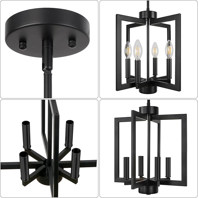 4-Light Black Farmhosue Chandelier For Entryway, Dining Room Chandelier Over Table, Modern Pendant Light Kitchen Island, Industrial Candle Lantern Light Fixture Kitchen, Bedroom, Stairway, Foyer