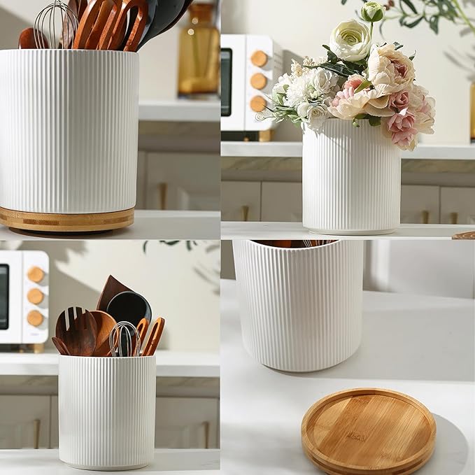 KSENDALO 7.8" Rotating Untensil Holder for Countertop, 360° Jumbo Ceramic Kitchen Organizer Utensil Crock with Rotable Bamboo Base- Modern Countertop Storage for Spatulas & Spoons, Flowers etc, White