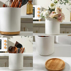 KSENDALO 7.8" Rotating Untensil Holder for Countertop, 360° Jumbo Ceramic Kitchen Organizer Utensil Crock with Rotable Bamboo Base- Modern Countertop Storage for Spatulas & Spoons, Flowers etc, White
