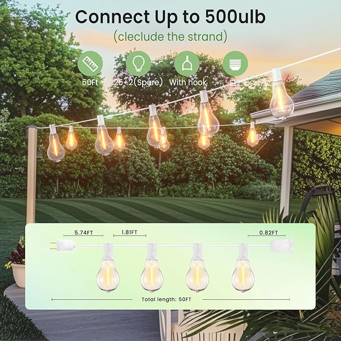 Outdoor String Lights, LED String Lights for Outside with 27 Shatterproof Bulbs (2 Spare), 50FT Porch White Hanging String Light for Balcony, Pergola, Gazebo, Patio Decor,White Cord