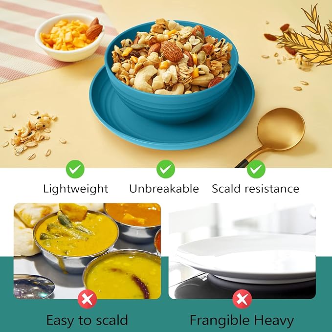 Teivio 16-Piece Kitchen Plastic Wheat Straw Dinnerware Set, Service for 4, Dinner Plates, Dessert Plate, Cereal Bowls, Cups, Unbreakable Plastic Outdoor Camping Dishes, Coastal Multicolor