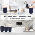 iMucci Bathroom Accessories Set 5Piece Navy Blue Bathroom Sets, Toothbrush Holder, Toothbrush Cup, Lotion Soap Dispenser, Soap Dish and Qtip Holder Bathroom Decor