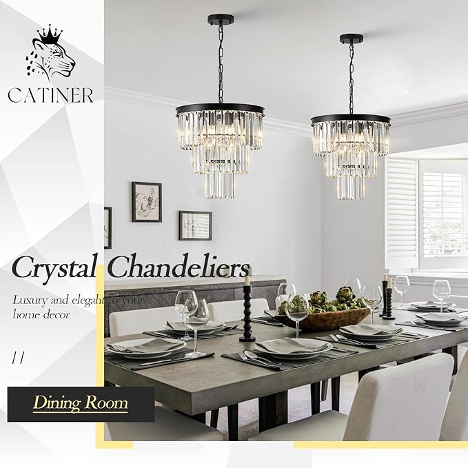 Modern Crystal Chandeliers 16" Small Black Pendant Light Luxury 3 Tiers K9 Crystal Ceiling Pendant Round Light Fixture 6-Light for Dining Room Entryway Kitchen Bedroom Closet
