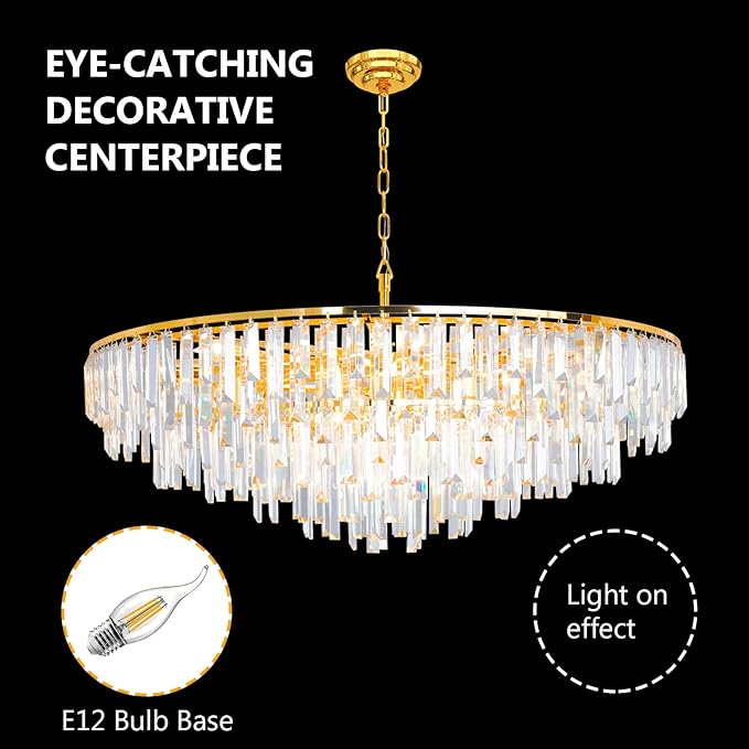 Gold Modern Round Top K9 Crystal Chandelier Lighting Fixture, 17 Lights Round K9 Crystal Adjustable Hanging Lamp for Dining Room Bedroom Living Room,Hallway,Bar,Kitchen W39''
